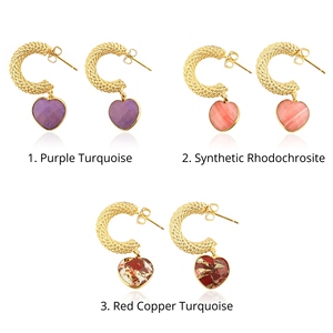 Pendientes de Aro Minimalistas con Piedras Preciosas en Forma de Corazón, Turquesa y Cobre Rojo, Latón Chapado en Oro de 18k, Estilo Romántico, Pendientes de Diseño para Mujer - Product Image 6