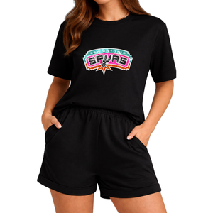Hot Sale San Antonio Spurs Women's Black 2 Piece Short Set Handwork High Quality Women's Casual Wear <b>Sequin</b> Cotton Spring/Summer - Product Image 1
