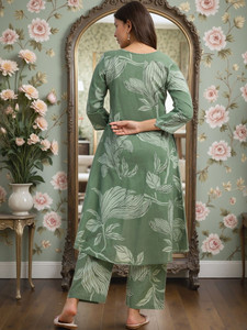 Conjunto de Kurta de Algodón con Estampado de Hojas Verdes para Mujer, Corte Regular, Largo hasta la Rodilla, Ropa Casual Estilo India Pakistán, Tradicional, de Secado Rápido, para Primavera - Product Image 6
