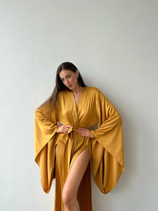 Mustard Gold Satin Kimono Maxi Robe Dress Wide Sleeves Deep V-Neck Adjustable Tie Natural Waist Washable Luxury Resort <b>Beach</b> - Product Image 4