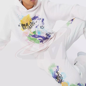 Front Print Men's <b>White</b> Hooded <b>Tracksuit</b> Set With Back Hand-Painted Logo Full Sleeve Regular Fit Casual Autumn Wear 100% Cotton - Product Image 3