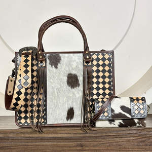 Conjunto de 2 piezas a juego: Bolso tote de cuero a cuadros y cartera de mano de cuero repujado a mano, venta al por mayor directa de fábrica - Product Image 6