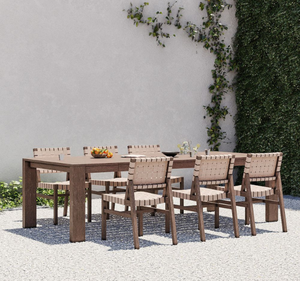 Juego de Comedor de Jardín de Madera de Teca Sólida, Diseño Tropical, Ecológico, Mesa Rectangular, Sillas con Correas de Cuerda, Acabado Natural, para Hotel - Product Image 1