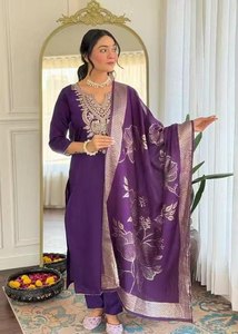 Launching New Designer Party Wear Look Pur Heavy Slub Cotton Embroidery Work <b>Top</b> & Bottom With Dupatta set - Product Image 3