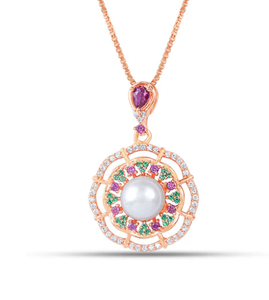 Collier de luxe en argent sterling 925 plaqué or rose avec pendentif fleur en perle et pierres multicolores en zircon cubique pour femme, bijoux raffinés - Product Image 1