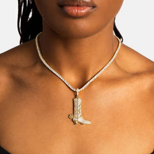 <b>Iced</b> <b>Out</b> Cowboy Boot Pendant Necklace 18K Gold Plated Diamond Encrusted Western Charm Tennis <b>Chain</b> Unisex Luxury Jewelry - Product Image 1