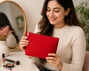 Red Jute Cosmetic Bag with Zipper Closure <b>Small</b> Size Light <b>Weight</b> Foldable Portable Vintage Style Makeup Storage - Product Image 5