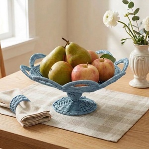 Scalloped Rattan Fruit Bowl Pedestal Woven Serving Basket Country Style Green Oval Shape for Kitchen Table Decor - Product Image 1