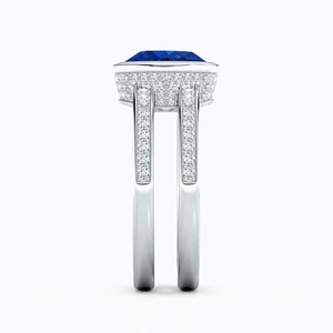 14K Gold Bezel-Set Oval Cut Natural Blue Sapphire Dual Shank <b>Ring</b> with Pave Accent Diamond <b>Customized</b> Jewelry Engagement <b>Ring</b> - Product Image 2