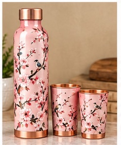 Modern Copper <b>Water</b> <b>Bottle</b> and Cups Set Diamond Pattern <b>Metal</b> Drinkware with Lid - Product Image 2