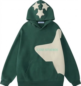 Oversized Hooded Sweatshirt Green <b>Star</b> Applique Front Pocket Unisex French Terry 100% Cotton Autumn Streetwear - Product Image 1