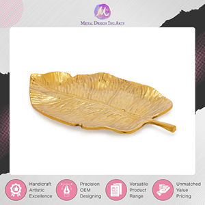 Exhibiting Highest Standard Quality Aluminium Made 30x16x3 cm Size Golden <b>Leaf</b> Shape Platter Trinket Tray for Home Decor - Product Image 5