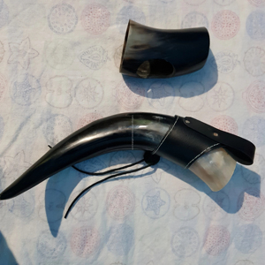 Viking Natural <b>Drinking</b> Horn with leather holder and short horn glass Handmade Polished Viking gift set from India for sale - Product Image 1