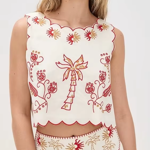 Ensemble 2 pièces décontracté pour femme, haut long brodé uni en tissu tissé 100 % coton mousseline avec un joli design - Product Image 1