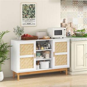 Credenza Ecologica Bianca Naturale con Motivi Intrecciati in Bambù, 3 Ripiani Aperti e 2 Armadietti per Sala da Pranzo - Product Image 2