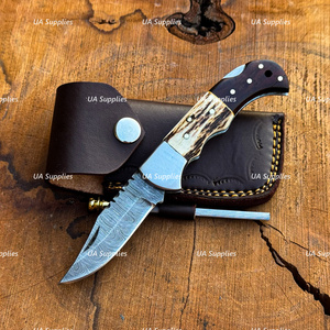 Damascus Steel OEM Handmade Back Lock Folding Multi-Functional Outdoor Hunting <b>Knife</b> Clip Point Blade Stag Horn Rosewood <b>Handle</b> - Product Image 2