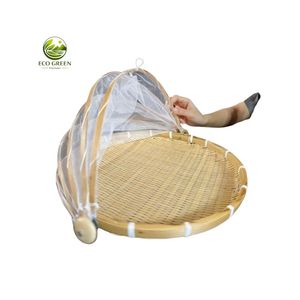 Plateau rond en bambou fait main avec couvercle en filet, panier de service naturel pour le pain, les fruits, le thé et la présentation de desserts - Product Image 1