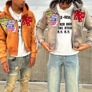 <b>Mens</b> Custom Two Piece Terry Sun Faded Wash Cotton Applique Embroidery <b>Patch</b> Track <b>Short</b> Set Zip Up Hoodie Autumn Outfit - Product Image 3