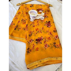 DISEÑADOR GEORGETTE FLORAL ESTAMPADO SAREE CON BLUSA DESCOSADA AMARILLO - Product Image 1