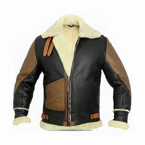 Blouson bomber en cuir véritable pour homme, doublé en sherpa, fermeture éclair, vêtement d'extérieur d'hiver, style motard - Product Image 3