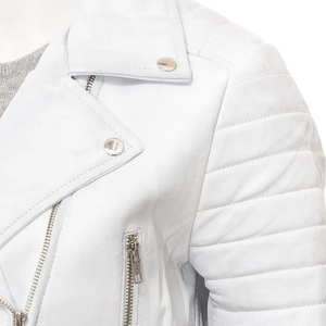 White PU Leather Moto Jacket Women Quilted Biker Style Short Sleeve Zipper Closure Solid Color Autumn Wear - Product Image 4