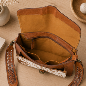 Sac bandoulière artisanal en cuir de vachette à poils, style western, motif floral, avec sangle réglable, pour usage quotidien - Product Image 4