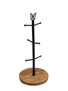 Support à tasses moderne en métal avec décoration en forme de chauve-souris, base ronde en bois, support sur pied pour rangement dans le salon, porte-tasses à café en bois - Product Image 5