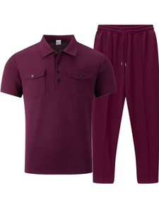 Men's Winter Customized High Quality Solid Casual Fleece Knitted Short Sleeve Polo Shirt Set Pockets Matching Pants Quick Dry - Product Image 2