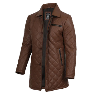 Chaqueta de Cuero Genuino para Hombre de Alta Calidad, Chaqueta de Invierno Acolchada de Lujo, Color Marrón, Corte Entallado, Resistente al Viento, Gabardina Larga de Piel de Oveja - Product Image 3