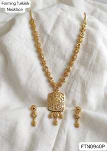 Women's Brass 18K Gold Plated Turkish Long Haram Necklace <b>Set</b> Lock Design Bridal Traditional Wedding Engagement Party - Product Image 2