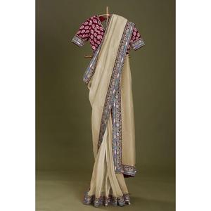 DESIGNER TABBY <b>ORGANZA</b> <b>SILK</b> EMBROIDERY SEQUENCE WORK LACE BORDER SAREE WITH UNSTTICHED BLOUSE - Product Image 1