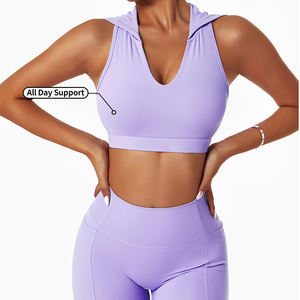 Ensemble de yoga pour femme : Crop top violet à col en V et dos nageur, leggings longs taille haute sans coutures avec poches - Product Image 2