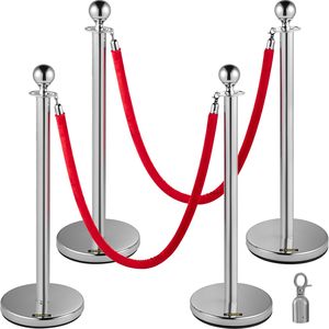 4 Pali Divisori in Acciaio Inossidabile da 1,5 m con Barriere in Corda di Velluto Rosso e Linea di Delimitazione Argento per il Controllo della Folla e Arredamento Teatrale - Product Image 1