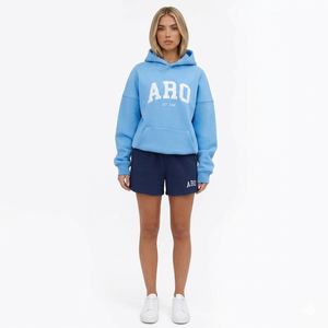 Florida Print Hoodie and Shorts <b>Set</b> Fleece Casual Loose Fit Spring Summer Daily Wear Teal <b>White</b> Lettering - Product Image 5