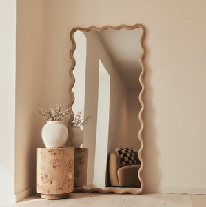 Asymmetric dark wooden full length <b>mirror</b>, irregular oval floor dressing <b>mirror</b>, available at wholesale prices. - Product Image 2