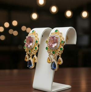 Pendientes de Plata de Ley 925 con Incrustaciones de Piedras Multicolores en Corte Cojín Rosa, Chapados en Oro de 18K, Pendientes de Diseño para Mujer - Product Image 3
