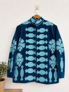 Artisan Sky Blue <b>Velvet</b> Embroidered Suzani <b>Jacket</b> With Floral Pattern Full Sleeve Stand Collar Handmade <b>Women's</b> Winter Outerwear - Product Image 5