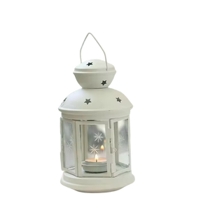 Classic Yellow and Blue Iron <b>Lanterns</b> with Star Cutouts Glass Panels Durable Home Decoration Candle Holders Wedding Decor - Product Image 4