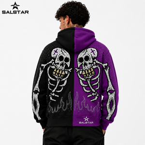 Sweat à capuche squelette noir et violet personnalisé pour homme, style gothique, broderie strass, fermeture éclair, streetwear tendance - Product Image 2