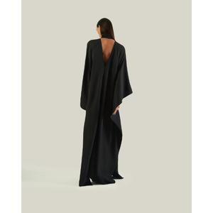 Robe de soirée élégante noire en satin, coupe fourreau et évasée, col en V, manches trois-quarts, longueur cheville, fente latérale, écologique, couleur personnalisable - Product Image 2