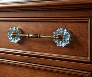 Vintage Glass Drawer Pull Faceted Aqua Crystal Antique Brass Finish Ornate Floral Design for Cabinets and Drawers - Product Image 5