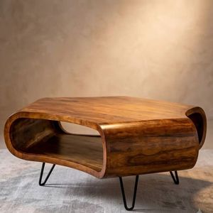 <b>Brown</b> Sheesham Wood Coffee <b>Table</b> with Metal Legs Farmhouse Design Movable Storage for Living Room - Product Image 1