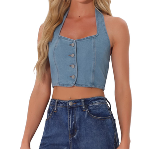 Tops cortos de mezclilla para mujer, los más vendidos, con botones, ajustados, cuello cuadrado, sin espalda, camisetas sin mangas de mezclilla para fiesta - Product Image 1