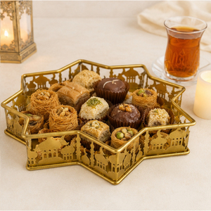<b>Gold</b> Metal Ramadan <b>Serving</b> <b>Tray</b> Star Shaped Platter Mosque Cutout Design Eid Mubarak Plate for Dessert & Dates Affordable Price - Product Image 4