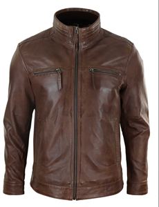 Blouson moto homme marron en PU écologique teint en pièce, col montant, fermeture éclair, coupe droite, pour l'hiver, couleur unie, style motard - Product Image 5