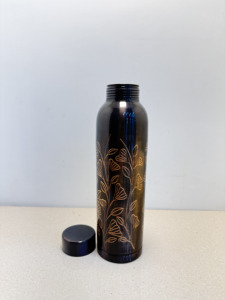 Premium Midnight Black Laser Etched Pure Copper Water Bottle 1000ml Ginkgo Leaf Pattern Ayurvedic Flask Dual Tone Gym <b>Drinkware</b> - Product Image 5