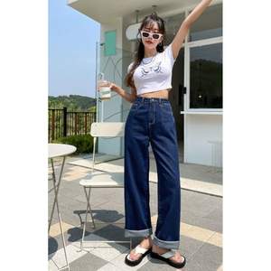 Jean en denim taille haute pour femme, coupe ample et large, bleu pierre, élégant, vintage, style urbain, de luxe, écologique, tendance - Product Image 3