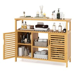 Gabinete de Baño de Bambú de Estética Natural, 2 Espacios Cerrados, 1 Estante Abierto, Espacio Interior entre Estantes de 9 Pulgadas, 39 x 13.5 x 8 Pulgadas - Product Image 1