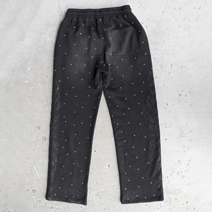 Pantalon de survêtement unisexe en coton épais avec strass, coupe ample évasée, broderie, délavage acide, jambe large pour homme - Product Image 2
