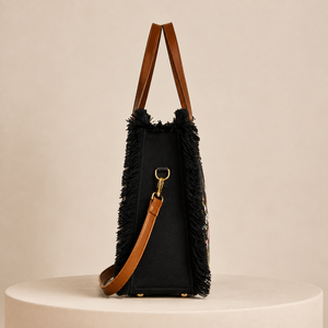 Lady Fashion <b>Black</b> Landscape <b>Sequined</b> Embroidered Tote <b>Bag</b> Canvas Lining Single Strap Fringe Shoulder Crossbody Shopping Travel - Product Image 4